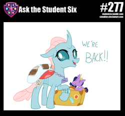 Size: 800x739 | Tagged: safe, artist:sintakhra, ocellus, twilight sparkle, twilight sparkle (alicorn), alicorn, changedling, changeling, tumblr:studentsix, body pillow, book, cute, diaocelles, lanyard, plushie, post-it, solo, suitcase, toy