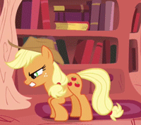 Size: 200x178 | Tagged: safe, screencap, applejack, earth pony, pony, look before you sleep, animated, female, gif, loop, lowres, mare, offscreen character, pillow, pillow fight, solo