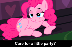 Size: 1024x672 | Tagged: safe, pinkie pie, earth pony, pony, bedroom eyes, caption, cs captions, female, mare, solo