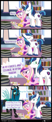 Size: 855x1980 | Tagged: safe, artist:dm29, princess cadance, queen chrysalis, shining armor, alicorn, changeling, changeling queen, pony, unicorn, book, comic, hypnotized, library, spanish, translation, translator:the-luna-fan