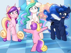 Size: 1280x960 | Tagged: safe, artist:sugarberry, princess cadance, princess celestia, princess luna, princess skyla, alicorn, pony, ask-cadance, bipedal, clothes, dress, jurassic world, levitation, magic, offspring, open mouth, parent:princess cadance, parent:shining armor, parents:shiningcadance, prattkeeping, raised hoof, telekinesis, wide eyes