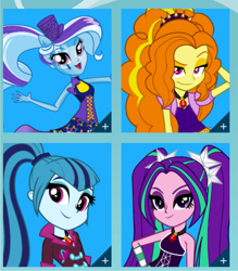 Size: 929x1059 | Tagged: safe, derpibooru import, adagio dazzle, aria blaze, sonata dusk, trixie, equestria girls, rainbow rocks, hasbro, official, one of these things is not like the others, sleeveless, the dazzlings