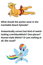 Size: 355x539 | Tagged: safe, applejack, rainbow dash, earth pony, pegasus, pony, bikini, calibri, clothes, crotchboobs, discussion, meta, swimsuit, text