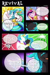 Size: 1500x2260 | Tagged: safe, artist:vavacung, princess cadance, princess celestia, queen chrysalis, oc, oc:paper mache, alicorn, changeling, changeling queen, pony, comic:to love alicorn, comic, hug, tears of joy