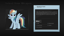 Size: 1920x1080 | Tagged: safe, artist:pims1978, rainbow dash, pegasus, pony, blue coat, female, mare, multicolored mane, select your weapon, solo, wallpaper