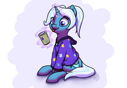 Size: 1854x1284 | Tagged: safe, artist:wallparty, derpibooru import, trixie, pony, unicorn, :p, alternate hairstyle, babysitter trixie, clothes, coffee cup, cup, cute, diatrixes, eye clipping through hair, female, gameloft, gameloft interpretation, hoodie, magic, mare, pigtails, simple background, sitting, solo, telekinesis, tongue out