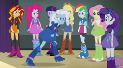 Size: 1280x714 | Tagged: safe, derpibooru import, screencap, applejack, fluttershy, pinkie pie, rainbow dash, rarity, spike, sunset shimmer, trixie, twilight sparkle, twilight sparkle (alicorn), alicorn, dog, equestria girls, rainbow rocks, balloon, boots, bracelet, clothes, cowboy boots, high heel boots, jewelry, mane six, skirt, spike the dog