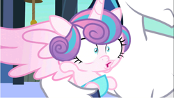 Size: 641x361 | Tagged: safe, screencap, princess flurry heart, shining armor, pony, unicorn, the crystalling, cute, father and child, father and daughter, flurrybetes, heart mouth, large wings, male, open mouth, parent and child, sneezing