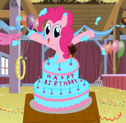 Size: 900x874 | Tagged: safe, artist:japaneseteeth, pinkie pie, earth pony, pony, balloon, birthday, cake, happy birthday, pop out cake, surprise cake