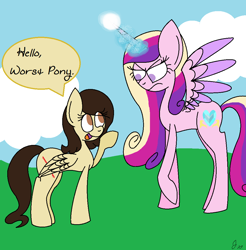 Size: 1012x1028 | Tagged: safe, artist:butterkinz24, princess cadance, oc, alicorn, pony, dialogue, eye clipping through hair, insult, magic, this will end in tears and/or death, worst pony