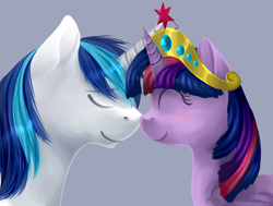 Size: 1148x866 | Tagged: safe, artist:ghst-qn, shining armor, twilight sparkle, twilight sparkle (alicorn), alicorn, pony, unicorn, boop, brother and sister, element of magic, elements of harmony, eyes closed, female, jewelry, male, noseboop, nuzzling, regalia, siblings, smiling