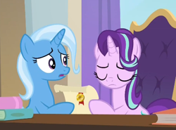 Size: 445x330 | Tagged: safe, derpibooru import, screencap, starlight glimmer, trixie, pony, unicorn, the ending of the end, cropped, duo, eyes closed, letter, scroll