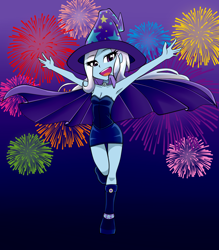 Size: 1050x1200 | Tagged: safe, artist:nekojackun, derpibooru import, trixie, equestria girls, armpits, breasts, cleavage, clothes, dress, female, fireworks, looking at you, open mouth, solo, trixie's cape, trixie's hat