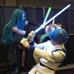 Size: 1882x1882 | Tagged: safe, artist:rj_para, queen chrysalis, shining armor, human, bronycon, clothes, cosplay, costume, irl, irl human, lightsaber, photo, star wars, sword fight, weapon