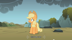 Size: 640x355 | Tagged: safe, screencap, applejack, earth pony, pony, blonde mane, female, mare, orange coat, solo, youtube caption