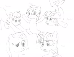 Size: 2200x1700 | Tagged: safe, artist:chronicle23, derpibooru import, berry punch, berryshine, blossomforth, minuette, trixie, twilight sparkle, pony, unicorn, backbend, confused, female, mare, monochrome, scrunchy face, smug, traditional art