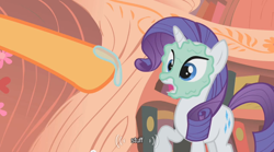 Size: 640x355 | Tagged: safe, screencap, applejack, rarity, earth pony, pony, unicorn, female, horn, youtube caption