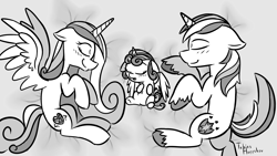 Size: 3840x2160 | Tagged: safe, artist:fakskis, princess cadance, princess flurry heart, shining armor, alicorn, pony, unicorn, baby, baby pony, bed, belly button, family, floppy ears, grayscale, monochrome, open mouth, sleeping