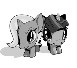 Size: 2419x2140 | Tagged: safe, alternate version, artist:cassettepunk, derpibooru import, edit, trixie, twilight sparkle, female, lesbian, monochrome, shipping, twixie