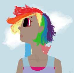 Size: 791x789 | Tagged: safe, artist:awkwardartisan, rainbow dash, clothes, female, humanized, multicolored hair, simple background