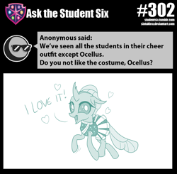 Size: 800x783 | Tagged: safe, artist:sintakhra, ocellus, changedling, changeling, tumblr:studentsix, 2 4 6 greaaat, cheerleader ocellus, cheerleader outfit, clothes, cute, cuteling, diaocelles, female, heart, open mouth, smiling, solo, teenager