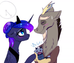 Size: 1600x1366 | Tagged: safe, artist:elementalokami, discord, princess luna, alicorn, hybrid, pony, baby, cute, discute, interspecies offspring, lunabetes, lunacord, male, maternaluna, offspring, parent:discord, parent:princess luna, parents:lunacord, shipping, straight