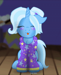 Size: 600x736 | Tagged: safe, artist:bastbrushie, derpibooru import, trixie, pony, unicorn, :p, animated, babysitter trixie, bastbrushie is trying to kill us, blushing, chest fluff, clothes, cute, daaaaaaaaaaaw, diatrixes, eyes closed, female, fluffy, full face view, gameloft, gameloft interpretation, gif, ground, happy, mare, pigtails, silly, silly pony, sitting, solo, sweat, sweater, tail, text, tongue out, twintails, wood