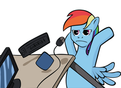 Size: 2200x1600 | Tagged: safe, artist:ocarina0ftimelord, rainbow dash, pegasus, pony, computer, computer mouse, female, frown, glare, keyboard, mare, mousepad, simple background, solo, spread wings, table, table flip, transparent background, unamused, wings