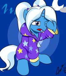 Size: 1280x1472 | Tagged: safe, artist:asajiopie01, derpibooru import, trixie, pony, unicorn, babysitter trixie, clothes, female, gameloft interpretation, hoodie, mare, one eye closed, open mouth, sitting, sleepy, solo