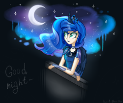 Size: 1194x997 | Tagged: safe, artist:sweet-boom-pony, princess luna, human, choker, clothes, dress, horned humanization, humanized, moon, night, solo, winged humanization