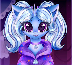 Size: 3000x2712 | Tagged: safe, artist:mite-lime, derpibooru import, trixie, pony, unicorn, babysitter trixie, bust, cheek fluff, choker, clothes, cute, diatrixes, ear fluff, female, gameloft interpretation, hoodie, looking at you, mare, pigtails, smiling, solo, twintails
