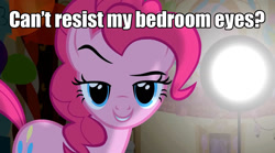 Size: 1280x713 | Tagged: safe, edit, edited screencap, screencap, pinkie pie, earth pony, pony, party of one, bedroom eyes, bronybait, caption, dreamworks face, female, fourth wall, image macro, mare, meme, solo