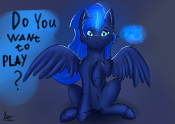 Size: 2359x1671 | Tagged: safe, artist:sweetcinnamon, princess luna, alicorn, pony, controller, fluffy, gamer luna, looking at you, magic, sitting, solo, spread wings, telekinesis