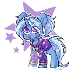 Size: 1490x1384 | Tagged: safe, artist:bi4ckb4t, derpibooru import, trixie, pony, unicorn, :p, alternate hairstyle, babysitter trixie, clothes, colored hooves, colored pupils, cute, diatrixes, eye clipping through hair, female, gameloft, gameloft interpretation, hoodie, mare, pigtails, simple background, solo, starry eyes, stars, tongue out, white background, wingding eyes