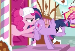 Size: 685x470 | Tagged: safe, screencap, pinkie pie, twilight sparkle, unicorn twilight, earth pony, pony, unicorn, baby cakes, back hoof raised, butt touch, diaper, diaper on head, hoof on butt, out of context, pushing, rump push
