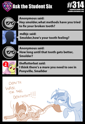 Size: 800x1172 | Tagged: safe, artist:sintakhra, minuette, smolder, dragon, pony, unicorn, tumblr:studentsix, behaving like a cat, biting, broken tooth, dragging, mouth hold, pulling, sigh, tail, tail bite, tail pull