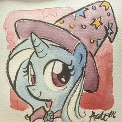 Size: 1080x1080 | Tagged: safe, artist:agnesgarbowska, artist:ramivic, derpibooru import, trixie, pony, unicorn, bust, clothes, female, hat, looking at you, mare, my little pony fair, portrait, smiling, solo, traditional art, trixie's hat, watercolor painting