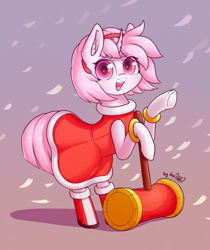 Size: 1408x1680 | Tagged: safe, artist:dsp2003, oc, oc only, oc:sakuragi-san, pony, unicorn, 2017, amy rose, blushing, clothes, cosplay, costume, crossover, cute, dress, female, flower petals, gloves, looking at you, mare, ocbetes, solo, sonic the hedgehog (series), weapon