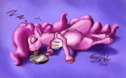 Size: 1200x747 | Tagged: safe, artist:foxofwar, pinkie pie, earth pony, pony, apron, clothes, cupcake, sleeping, unshorn fetlocks, zzz