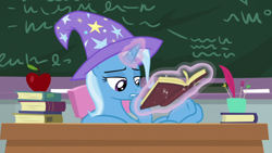 Size: 1920x1080 | Tagged: safe, derpibooru import, screencap, trixie, pony, unicorn, a horse shoe-in, apple, book, clothes, female, food, hat, magic, magic aura, mare, solo, telekinesis, trixie's hat