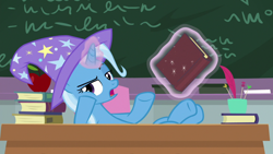 Size: 1920x1080 | Tagged: safe, derpibooru import, screencap, trixie, pony, unicorn, a horse shoe-in, apple, board, book, classroom, female, food, hooves on the table, magic, magic aura, mare, school, solo, table, telekinesis