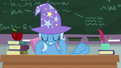 Size: 1920x1080 | Tagged: safe, derpibooru import, screencap, trixie, pony, a horse shoe-in, apple, clothes, eyes closed, female, food, hat, hooves on the table, mare, solo, trixie's hat