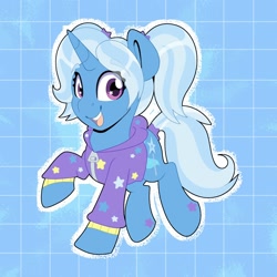 Size: 2000x2000 | Tagged: safe, artist:partylikeanartist, derpibooru import, trixie, pony, unicorn, abstract background, absurd resolution, alternate design, alternate hairstyle, babysitter trixie, clothes, cute, diatrixes, female, gameloft, gameloft interpretation, hoodie, ios, looking at you, mare, ponytail, solo, wingding eyes