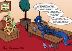 Size: 3508x2480 | Tagged: safe, artist:pony-berserker, princess luna, oc, oc:shrink, alicorn, pony, armchair, censored, degree, doodle, heart, magic, missing accessory, pointless censoring, potted plant, psychiatrist, sofa, sweatdrop, therapist, therapy