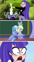 Size: 906x1629 | Tagged: safe, derpibooru import, edit, edited screencap, screencap, derpy hooves, trixie, rabbit, a matter of principals, animal, comic, dc superhero girls, hat, magic, screencap comic, surprised, zatanna