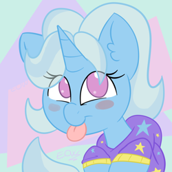 Size: 1500x1500 | Tagged: safe, artist:eow, derpibooru import, trixie, pony, unicorn, alternate hairstyle, babysitter trixie, blushing, clothes, cute, diatrixes, female, gameloft, gameloft interpretation, hoodie, mare, simple background, solo, tongue out