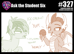 Size: 800x587 | Tagged: safe, artist:sintakhra, sandbar, smolder, dragon, earth pony, tumblr:studentsix, bandana, dialogue, dragoness, female, food, hand behind back, ice cream, ice cream cone, male, teenager