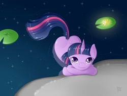 Size: 640x480 | Tagged: safe, artist:fearingfun, twilight sparkle, unicorn twilight, pony, unicorn, beautiful, butt, cute, female, lilypad, looking at you, mare, night, plot, rock, solo, twiabetes, twibutt, water, wet