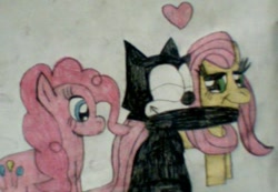 Size: 592x409 | Tagged: safe, artist:mollyketty, fluttershy, pinkie pie, earth pony, pegasus, pony, crossover, felix the cat, hug, shipping