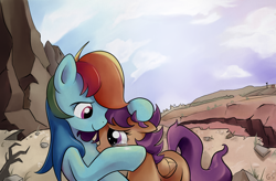 Size: 2162x1420 | Tagged: safe, artist:gsphere, rainbow dash, scootaloo, pegasus, pony, comforting, crying, hug, scootalove